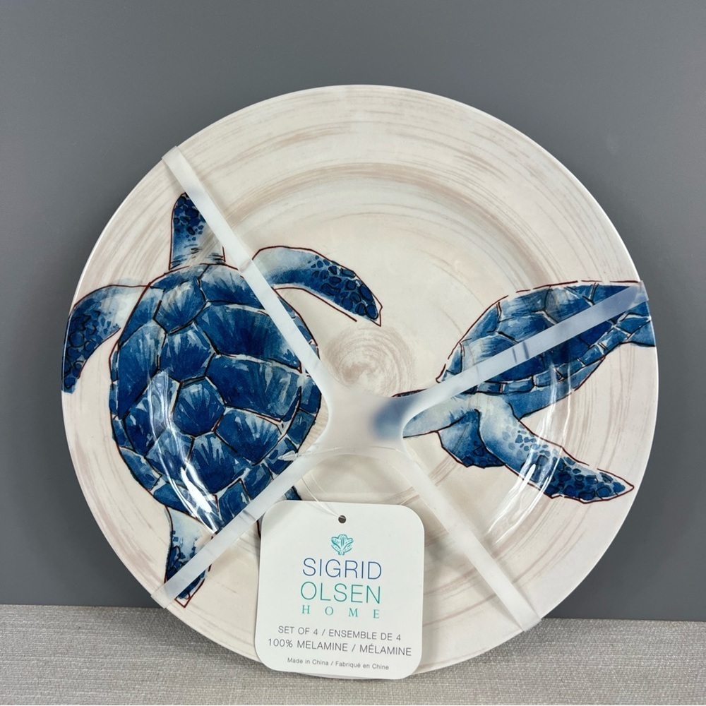 Sigrid Olsen Melamine Salad Plates Sea Turtles Blue Tan Coastal Set of 4 NEW